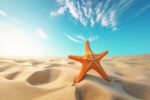 uma estrelas do mar em uma arenoso de praia com a oceano dentro a fundo. ai gerado foto