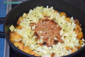 carne com batatas e páprica dentro uma 1 Panela prato foto