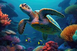 tartaruga natação através luminescente vibrante colorida coral recife . ai gerado foto