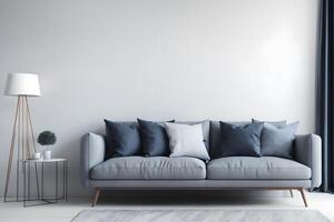 sala de estar interior esvaziar parede com cinzento tecido sofá e almofadas em branco fundo com livre espaço em certo. 3d Renderização., ai gerado foto