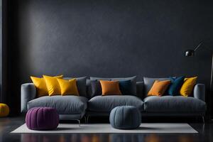 ai gerado, ampla moderno salão com cinzento sofá e colorida almofadas e pufes foto