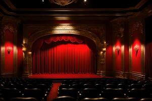 vermelho etapa fechadas cortina com Holofote, teatro com vermelho cadeiras, esvaziar teatro ouro interior projeto, ai gerado foto