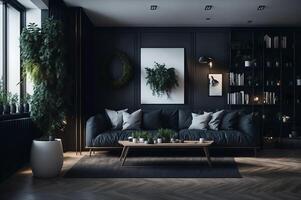 grande vivo quarto dentro uma moda estilo, mesa arredondado de uma grande azul sofá, planeta dentro a casa, interior mobília projeto, ai gerado foto