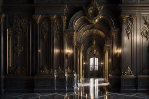 ouro e Preto barroco estilo portal do uma Palácio, colunas interior Palácio projeto, ai gerado foto