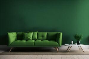 verde sofá com mesa em verde parede e de madeira pavimentação.3d Renderização, ai gerado foto