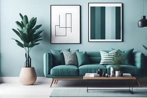 à moda interior Projeto do vivo quarto com moderno hortelã sofá, de madeira console, cubo, café mesa, lâmpada, plantar, zombar acima poster quadro, decoração e elegante acessórios dentro casa decoração, ai gerado foto