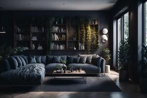 grande vivo quarto dentro uma moda estilo, mesa arredondado de uma grande azul sofá, planeta dentro a casa, interior mobília Projeto , ai gerado foto