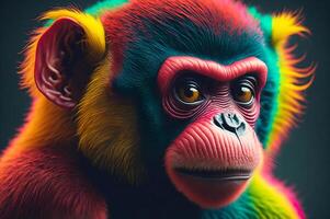 digital arte retrato do uma colorida macaco isolado dentro uma Sombrio fundo, animal ilustração ai gerado foto