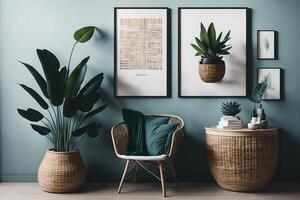 à moda interior Projeto do vivo quarto com de madeira retro cômoda, cadeira, tropical plantar dentro rattan Panela, cesta e elegante pessoal acessórios. zombar acima poster quadro, Armação em a parede, ai gerado foto