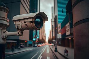 cctv Câmera ou vigilância operativo em rua e construção às noite. neural rede ai gerado foto