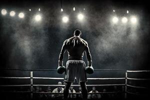 profissional boxer brigando em a grande arena panorama visualizar. neural rede ai gerado foto