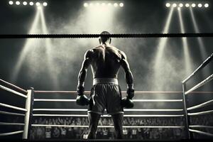 profissional boxer brigando em a grande arena panorama visualizar. neural rede ai gerado foto