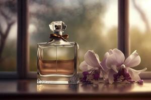 lindo mulheres perfume garrafa com orquídeas. neural rede gerado arte foto