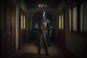 medieval cavaleiro dentro castelo retrato. neural rede ai gerado foto