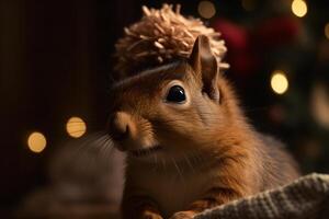 fofa esquilo dentro uma Natal chapéu. neural rede ai gerado foto