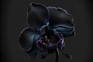 raro florescendo ampla Preto orquídea do gênero grande lábio phalaenopsis flores isolado em Sombrio Preto fundo. neural rede gerado arte foto