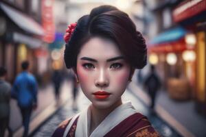 retrato do uma japonês mulher dentro nacional roupas. neural rede ai gerado foto