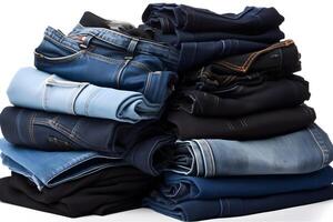 jeans calças pilha em branco fundo. neural rede ai gerado foto
