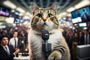 gato artista canta para dentro uma microfone. neural rede ai gerado foto