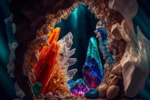 lindo selvagem cristal estalactites e estalagmites dentro caverna. neural rede gerado arte foto