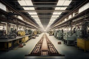 industrial fábrica dentro mecânico Engenharia para a fabricação do transformadores - interior do uma Produção corredor. neural rede ai gerado foto