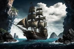 pirata navio às a aberto mar fechar para pedras e pequeno ilha com Palmeiras. neural rede gerado arte foto
