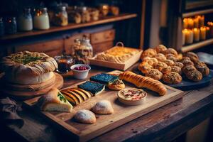 padaria produtos sortimento com pão pães, pães, rolos e dinamarquês pastelaria. neural rede ai gerado foto