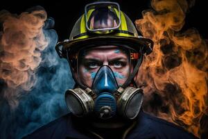 fechar acima retrato do face bombeiro vestindo protetora uniforme e a protetora mascarar. neural rede ai gerado foto