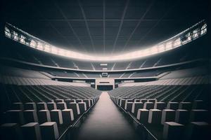 interior Visão do a iluminado futebol estádio para uma jogo. neural rede gerado arte foto