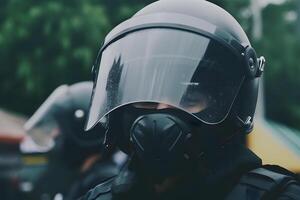 baixo ângulo do anônimo polícia soldados dentro protetora uniformes e capacetes em pé contra pelotão furgão e defendendo de tumulto escudos. neural rede ai gerado foto