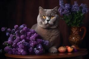 cinzento britânico gato e flores neural rede ai gerado foto