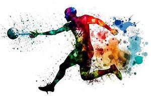 futebol futebol jogador dentro açao com arco-íris aguarela splash. isolado branco fundo. neural rede gerado arte foto