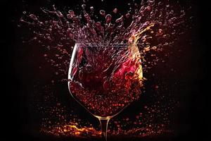 vidro com respingo do vermelho vinho em Preto fundo. neural rede gerado arte foto