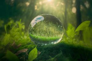 cristal bola em verde Relva com reflexão do verde vegetação dentro. neural rede gerado arte foto