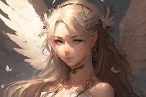 retrato do uma lindo Loiras anjo menina dentro animê estilo. neural rede ai gerado foto