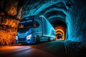 caminhão reboque dirigindo às a néon túnel. neural rede gerado arte foto
