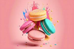 colorida macarons com açúcar pó explosão momento em Rosa fundo. neural rede gerado arte foto