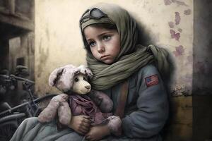 pequeno menina com uma Urso de pelúcia Urso durante a guerra. evacuação crianças. neural rede ai gerado foto