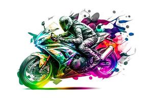 adesivo do motociclista em esporte motocicleta dentro aguarela estilo em branco fundo. neural rede gerado arte foto