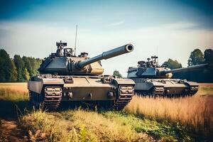 militares ou exército tanque pronto para ataque e comovente sobre uma deserta batalha campo terreno. neural rede ai gerado foto
