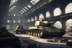 batalha tanque às uma militares base dentro uma hangar, a industrial plantar. neural rede ai gerado foto