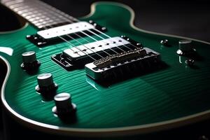 verde elétrico guitarra dentro fechar-se. ai gerado foto