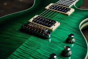 verde elétrico guitarra dentro fechar-se. ai gerado foto