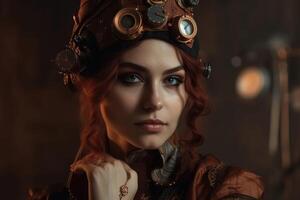 uma lindo retrato do uma jovem mulher dentro uma steampunk equipamento criada com generativo ai tecnologia. foto