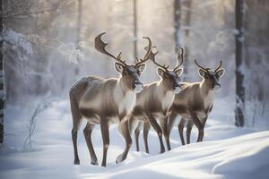 visto rena grupo caminhando dentro Nevado russo terreno Natal feriado ai gerado foto