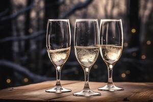 três champanhe óculos em uma de madeira mesa com uma inverno festivo fundo. ai gerado foto