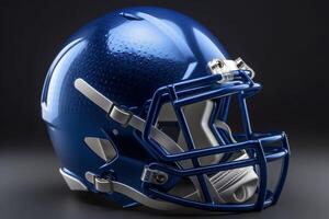 3d rendido metálico azul americano futebol capacete isolado em cinzento fundo. ai gerado foto