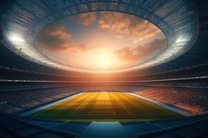 3d ilustração do uma estádio com fãs e uma azul céu durante pôr do sol. ai gerado foto