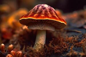 uma vividamente colorida fechar acima tiro do psilocibina a Magia cogumelo. ai gerado foto