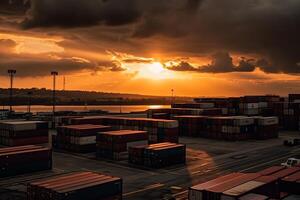 armazenamento às porta com containers às pôr do sol. ai gerado foto